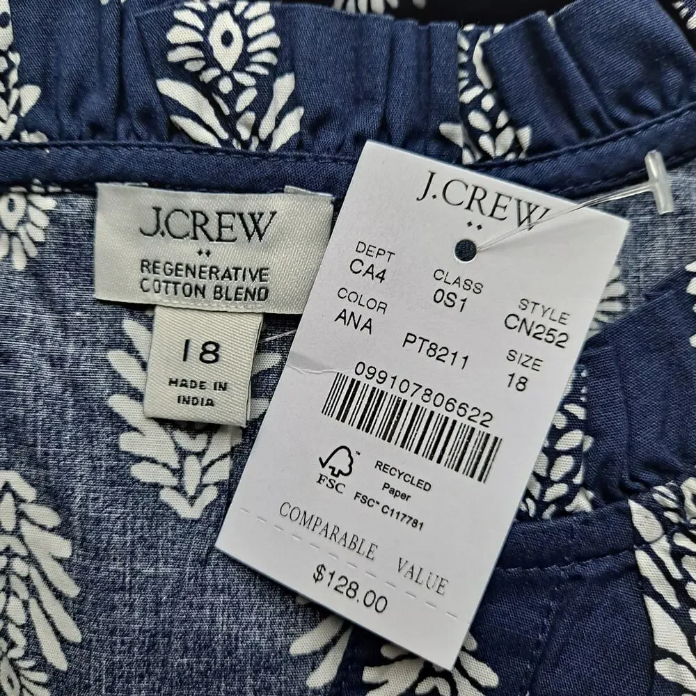 NWT J. Crew Factory Willa Dress Leaf Print Puff Sleeve Tiered Midi Navy Size 18 - Picture 9 of 13